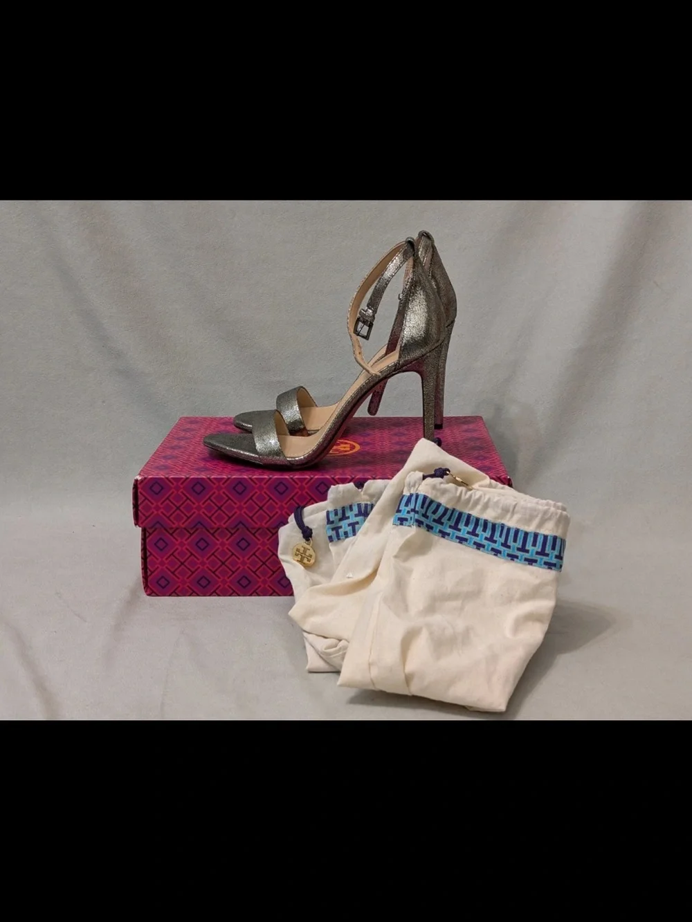 Tory Burch Keri 100mm Sandal Pewter Micro Craq Metallic Stiletto Heel Size 8